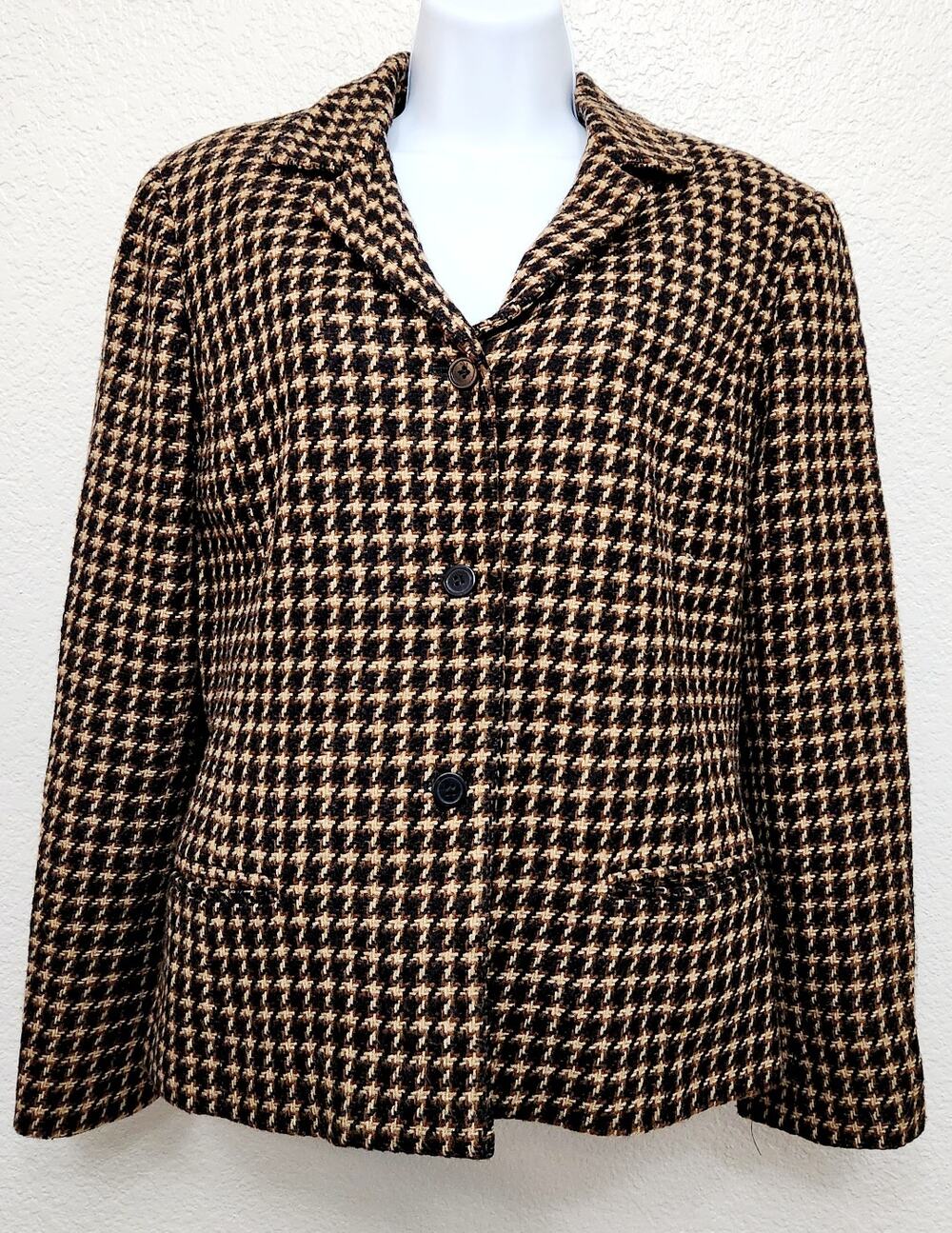 VTG Liz Claiborne Brown Tan Hounds Tooth Lined Blazer 14 Petite Lightweight